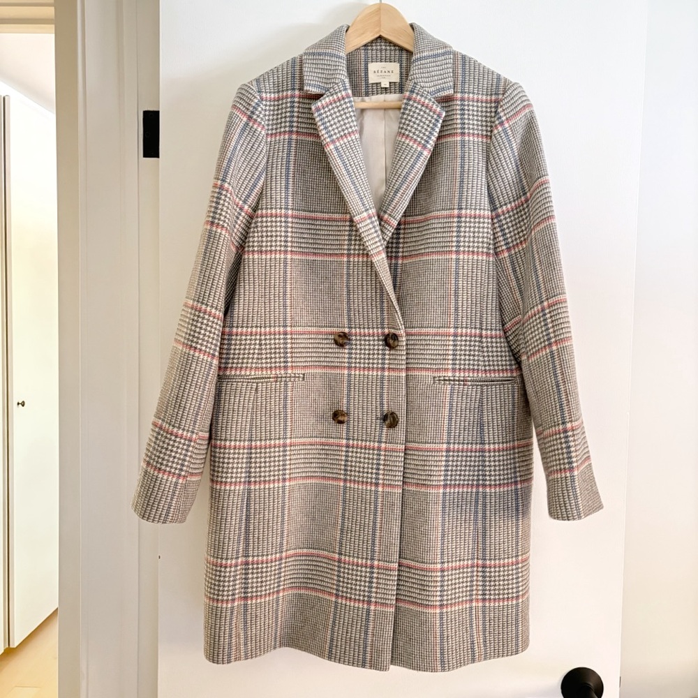 Sezane Checkered Blazer in Gray and Red